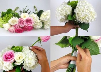 Cách cắm hoa hồng và cẩm tú cầu trong một lẵng hoa vồng