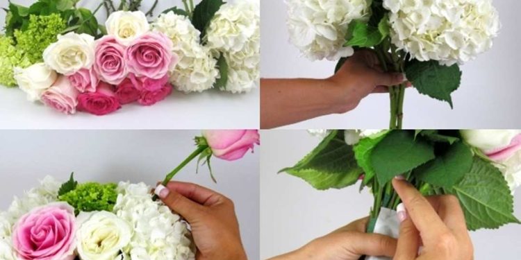 Cách cắm hoa hồng và cẩm tú cầu trong một lẵng hoa vồng